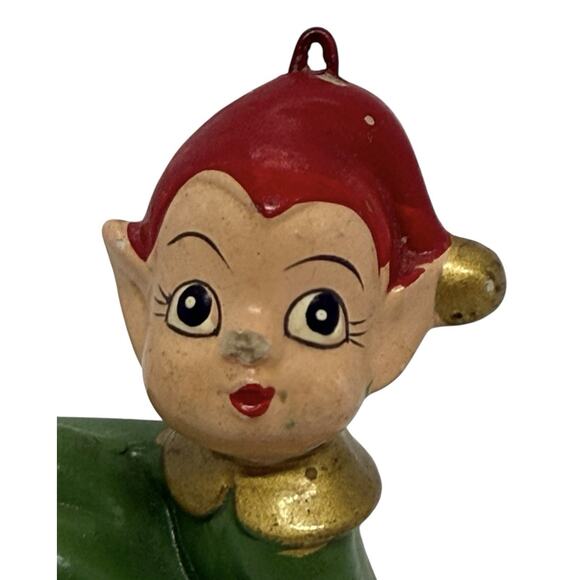 1950s Christmas Seated Pixie Elf Ceramic Ornament Red Hair Green Outfit Japan - Picture 4 of 11